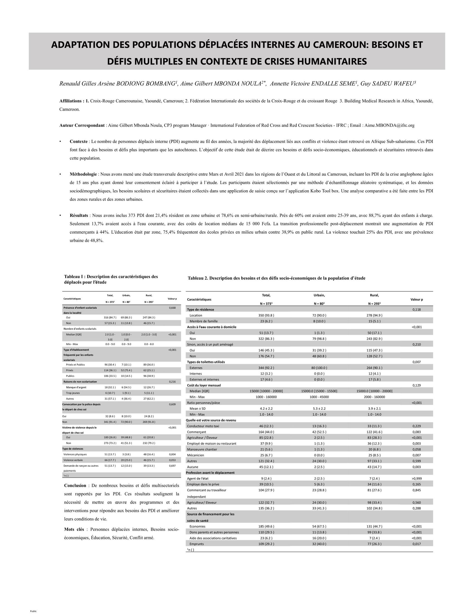 Adaptation des populations déplacées internes au cameroun: besoins et  défis multiples en contexte de crises humanitaires