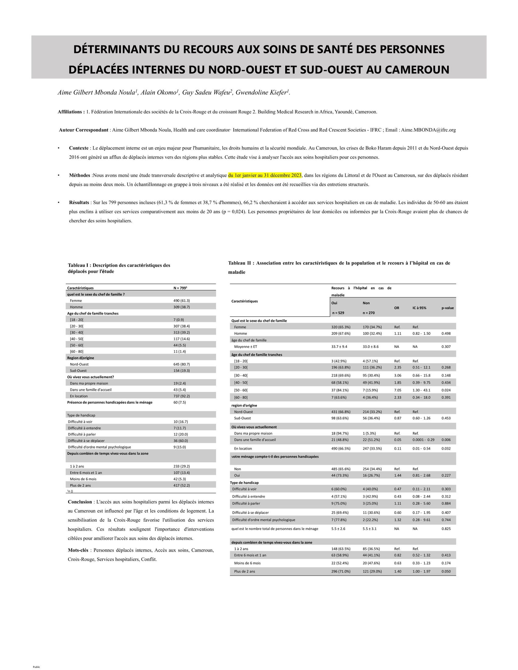 Déterminants du recours aux soins de santé des personnes  déplacées internes du nord-ouest et sud-ouest au cameroun